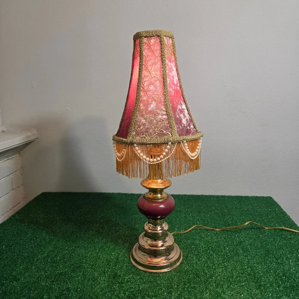 Vintage Hand-Restored Boudoir Table Lamp – Ornate Pink Velvet & Beaded Fringe B
